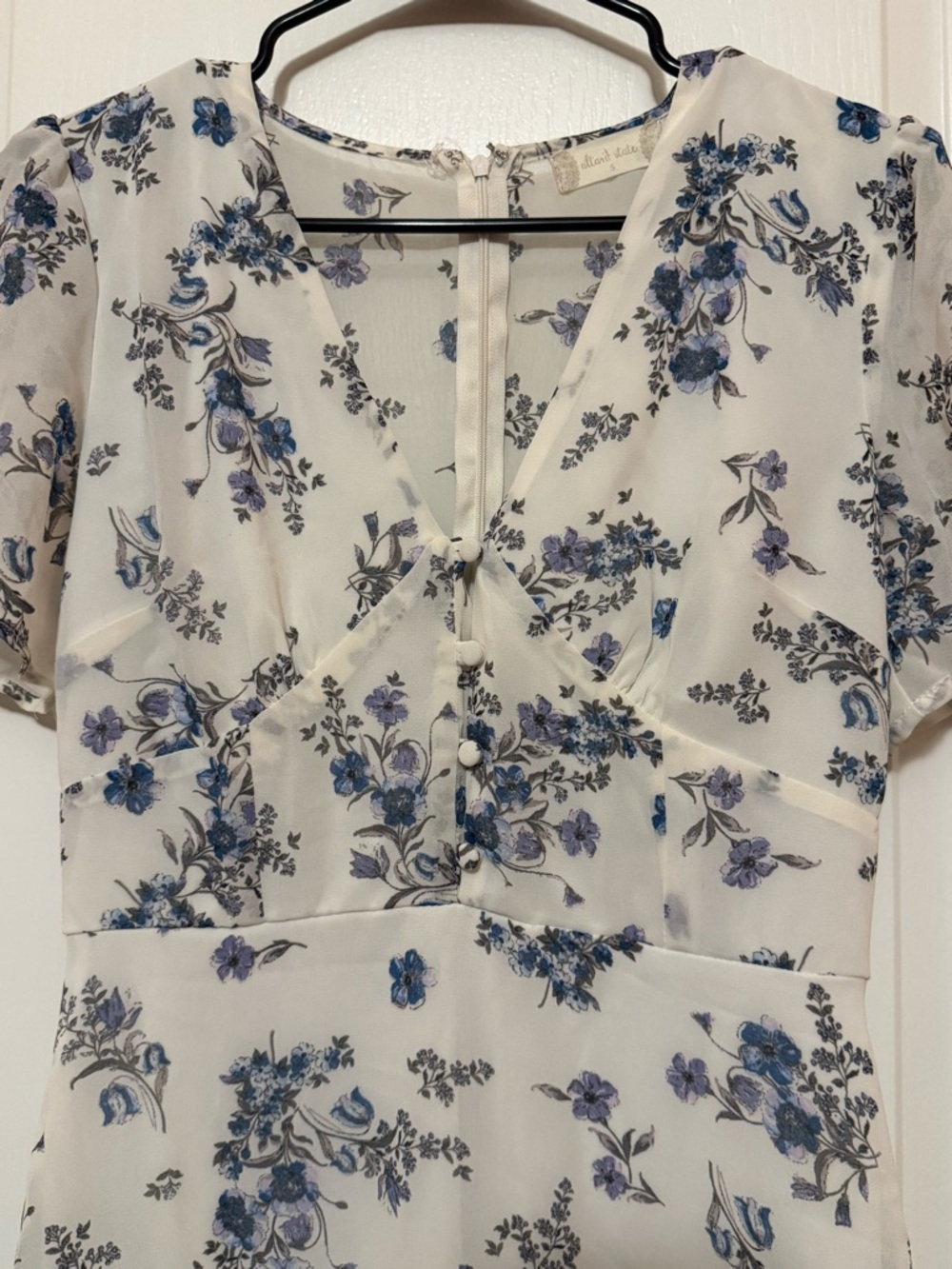 Altar'd State Cream Dress with Blue Floral Print and Ruffle Hem - Picture 5 of 7